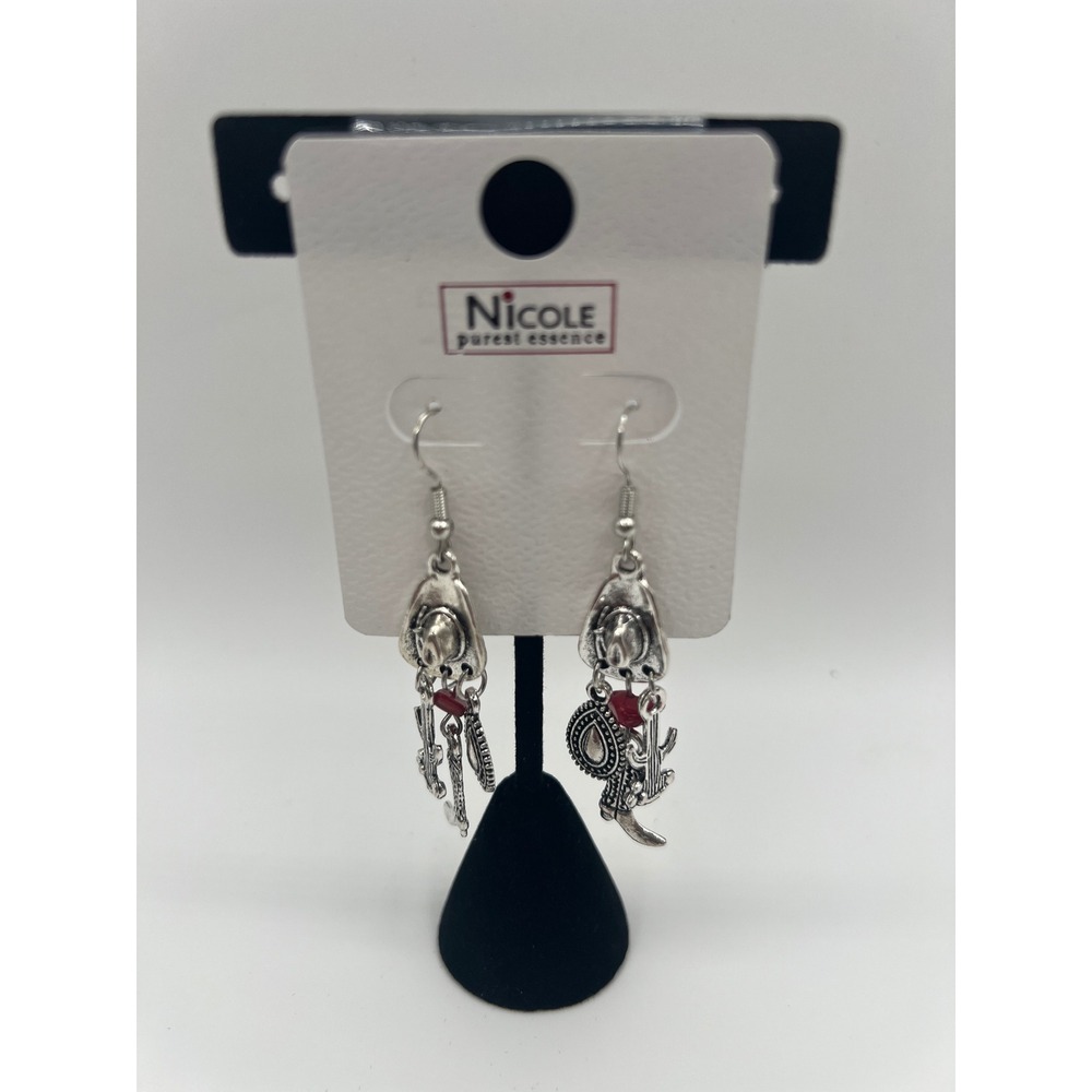 Nicole Purest Essence Western Charm Dangle Earrings Silver Tone Cactus Boot Hat